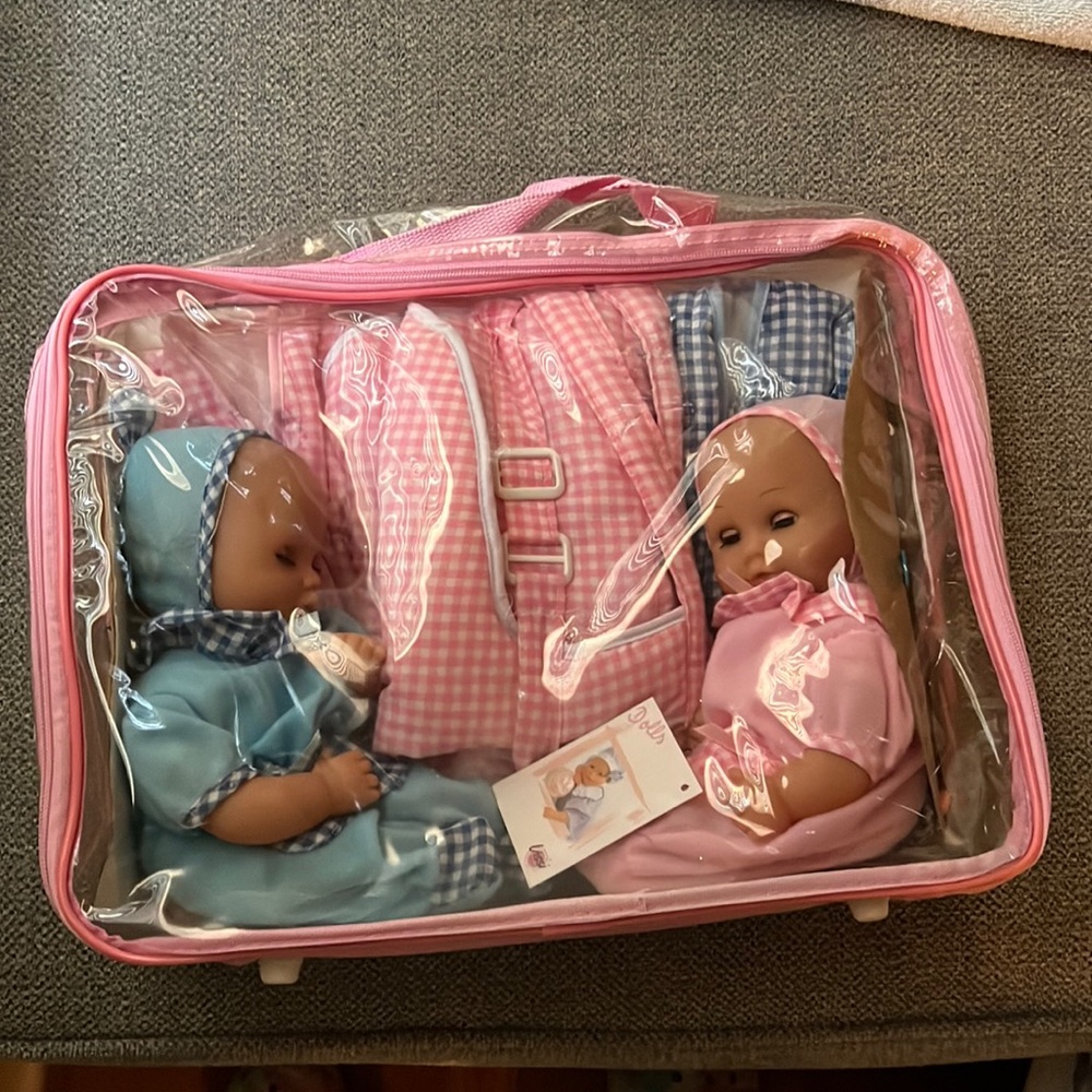 Vintage Lissi Batz Boy & Girl Twin Baby Dolls w/Jumpsuits, Carrier & Travel Bag